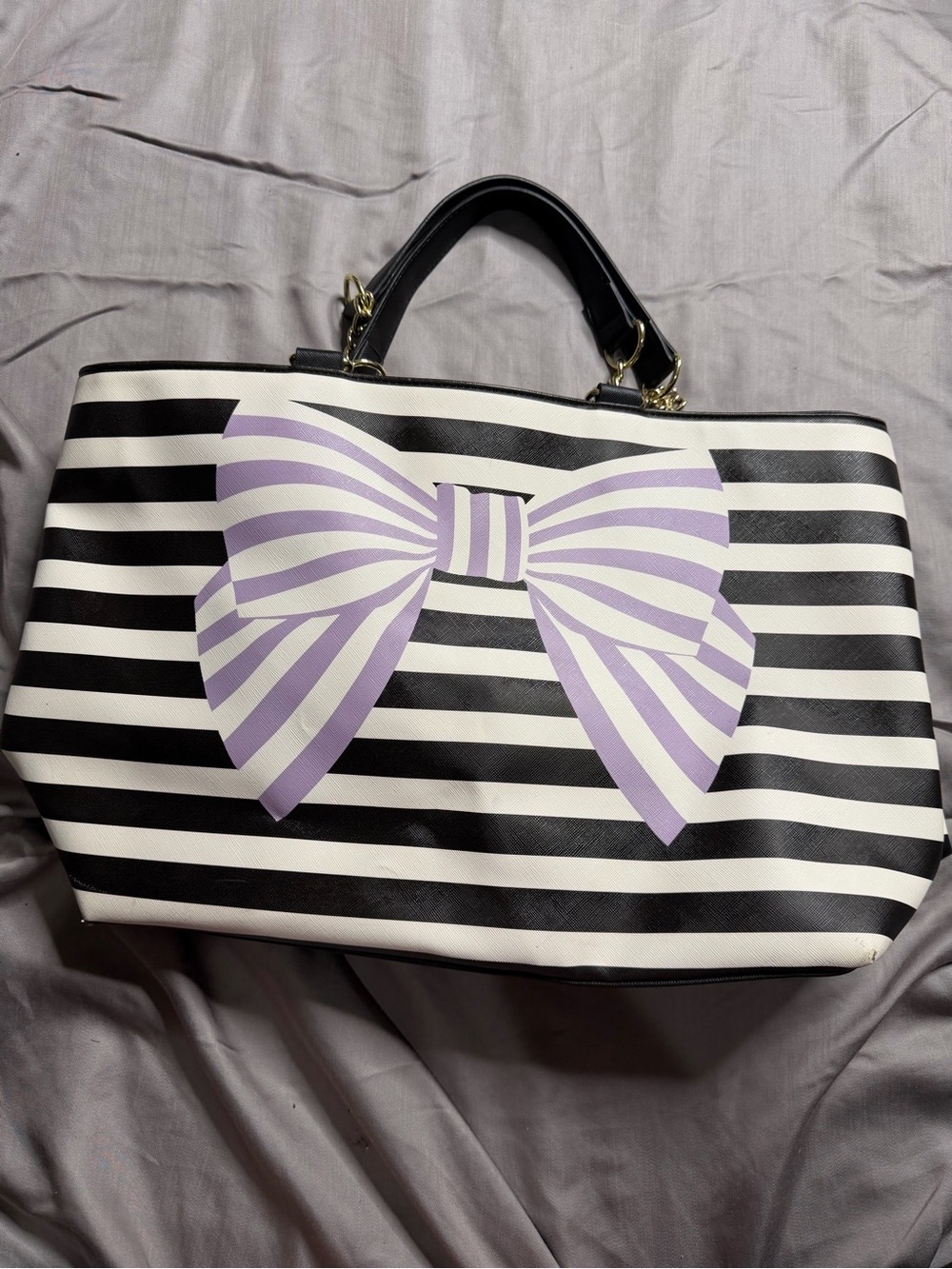 Betsey Johnson Black & White Striped Tote with Lavender Bow Print